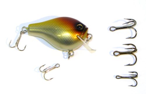 A crankbait and several hook sizes