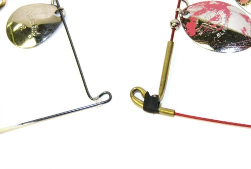 The tie point on a spinnerbait both wrapped and unwrapped