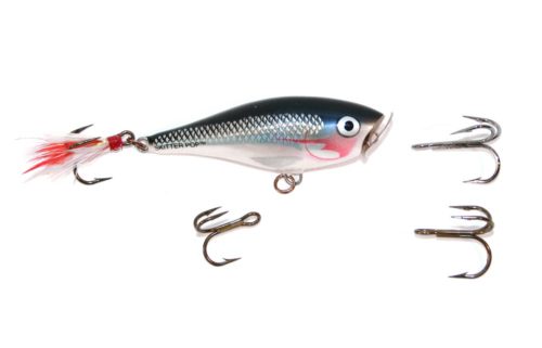A topwater popper and several hook sizes